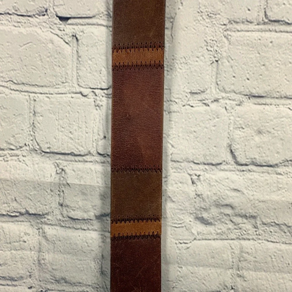 Unbranded Leather Belt Womens 32 Brown Good Patchwork Zigzag Stitch Brass Buckle
